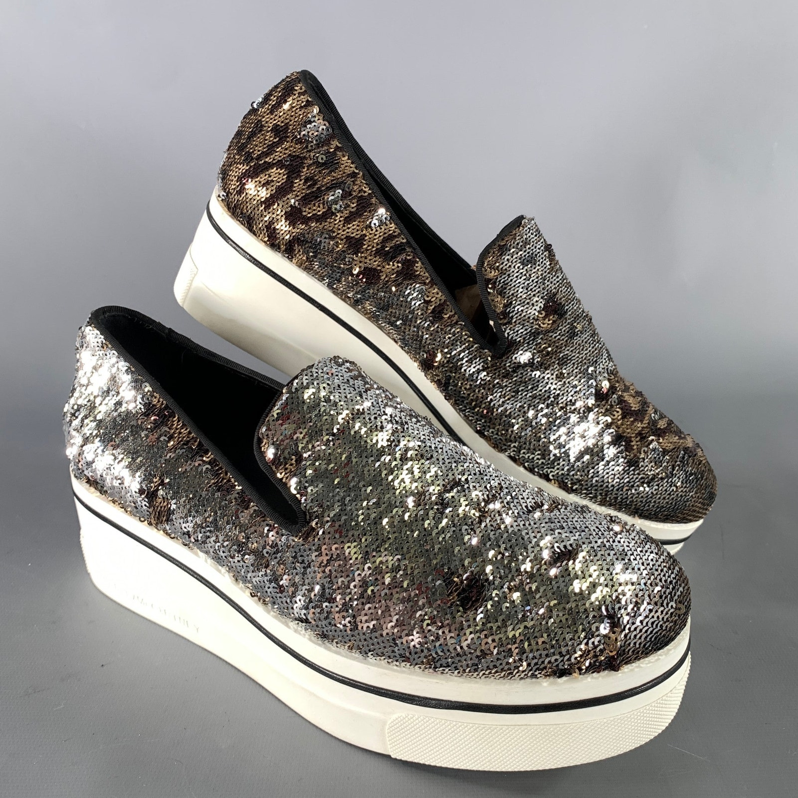 Stella Mccartney Size 9 Silver Gold Sequined Slip On Sneakers
